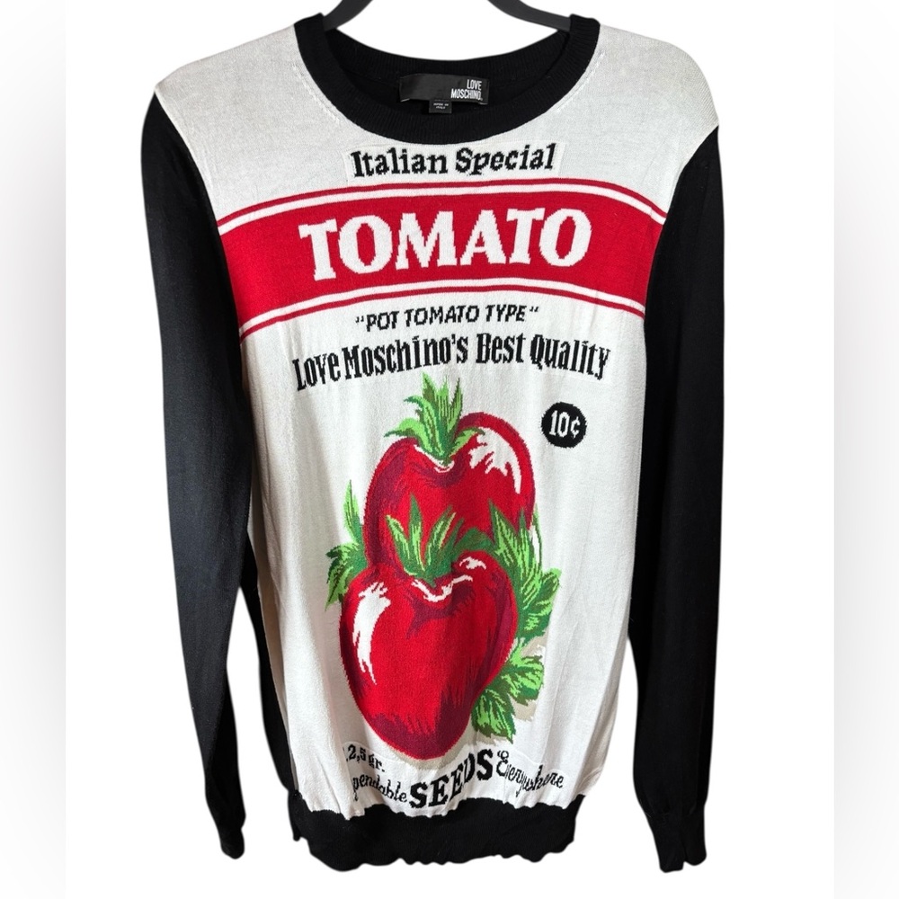 Love Moschino Tomato Graphic Knit Sweater Black White Red Made in Italy S Campy